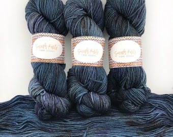 Handdyed Yarn “SLEEPY HOLLOW ” Teal Purple Brown Superwash Merino Knitting Crochet Yarn, DK Weight, 100 grams, Ready To Ship