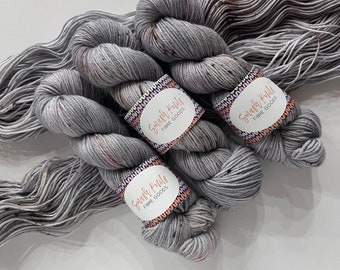 Handdyed Yarn “Land of the Silver Birch ” Silver Grey Speckled Tonal SW Merino Knitting Crochet Yarn, DK Weight, 100 grams, Ready To Ship