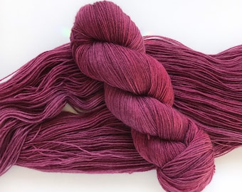 Hand Dyed Yarn “CLARET” Pink Burgundy Red Scarlet SW Merino Fingering Sock Yarn, Ready to Ship 100g 437 yards