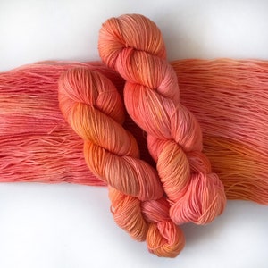 Hand Dyed Yarn &quot;CITRUS TWIST&quot; Pink Orange Yellow SW Merino Wool Fingering Sock Knitting Yarn, Ready to Ship