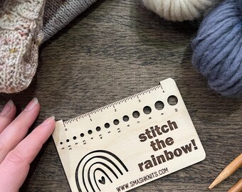 Rainbow Knitting Gauge Ruler - Baltic Birch Wood Needle Sizer
