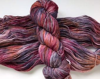 Hand Dyed Yarn “FALL SPLENDOR” Pink Purple Brown SW Merino Fingering Sock Yarn, Ready to Ship 100g 437 yards