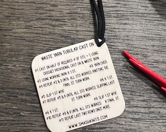 Mini Tool Wooden Knitting Reference Card - Cable Cast On /Waste Yarn Tubular CO Instructions