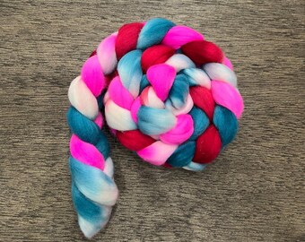 PINK RED TEAL Hand Dyed Spinning Fibre Superwash Merino Wool