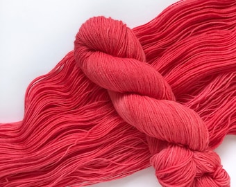 Hand Dyed Yarn  “ROE ” Orange Red Pink Neon Salmon Deluxe SS Tonal Superwash Merino Fingering Sock Yarn, Ready to Ship 100g 437 yards