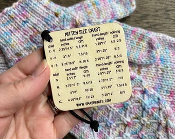 Mini Tool for Knitting Wooden Knitting Reference Card - Mitten Size Chart and Darning Knits