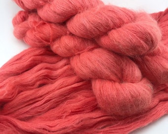 Canadian Hand Dyed Yarn "ROE” Orange Pink Red Neon Suri Alpaca Mulberry Silk Lace Weight Knitting Yarn Ready to Ship