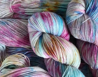 Hand Dyed Yarn “SEA STONES” Pink Turquoise Purple Toffee Variegated Superwash Merino DK Sock Yarn, Ready to Ship 100g 246 yards