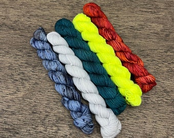Neon Yellow Teal Assorted Mini Skein Set - 20g fingering weight