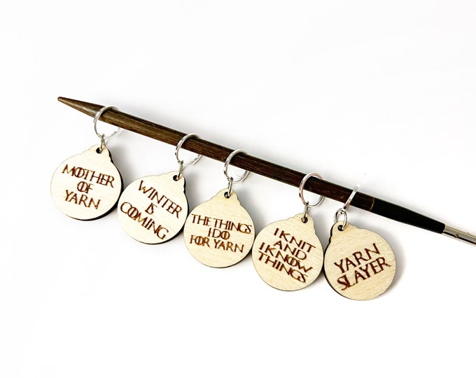 Wooden Stitch Marker Set Game of Throne Inspired Punny Knitting and Crochet Tools