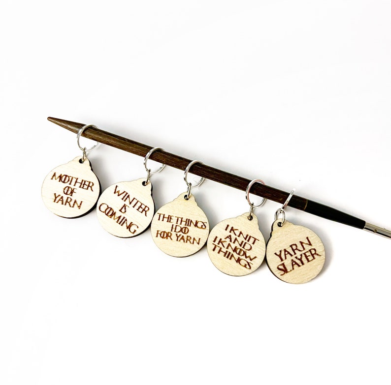 Wooden Stitch Marker Set Game of Throne Inspired Punny Knitting and Crochet Tools image 1