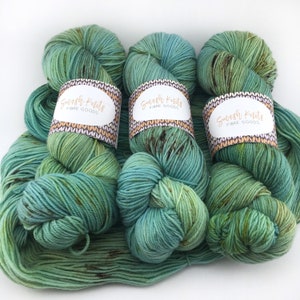 Hand Dyed Yarn “TERRA NOVA” Green Blue Yellow Brown Speckled SW Merino Fingering Sock Yarn, Ready to Ship 100g 437 yards