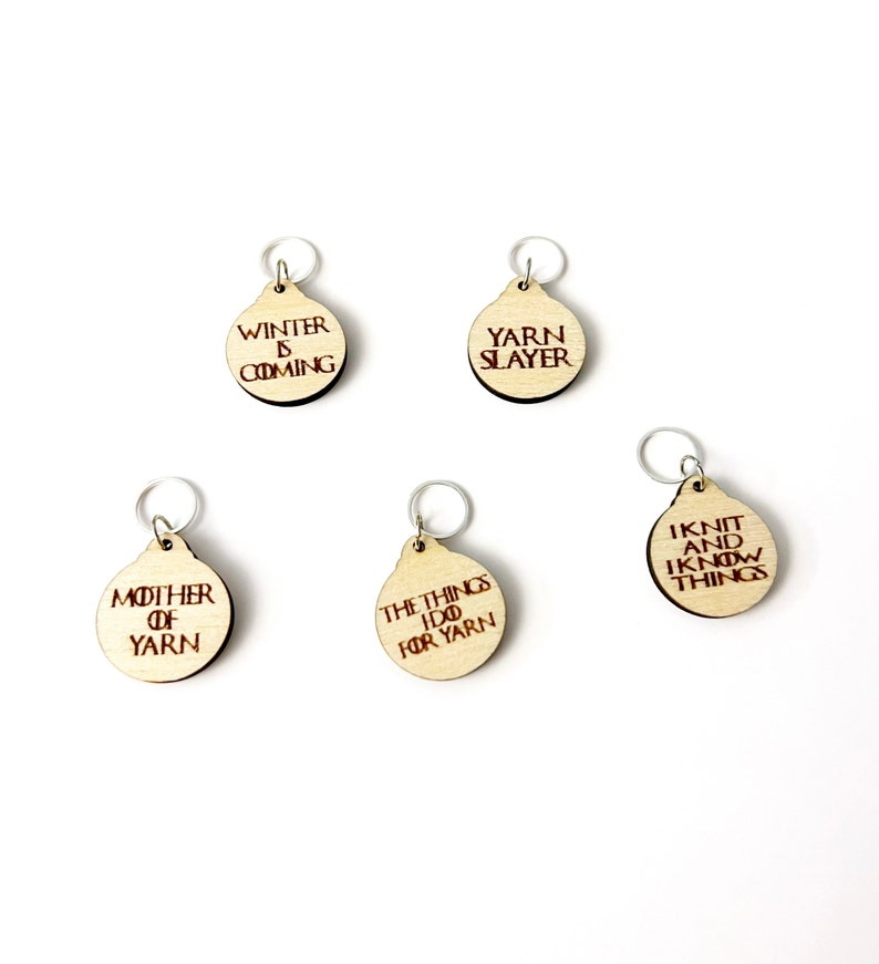 Wooden Stitch Marker Set Game of Throne Inspired Punny Knitting and Crochet Tools 画像 2