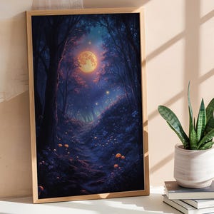 Enchanted Moonlit Forest Digital Art Print | Mystical Glowing Mushrooms & Celestial Night | Fantasy Wall Décor