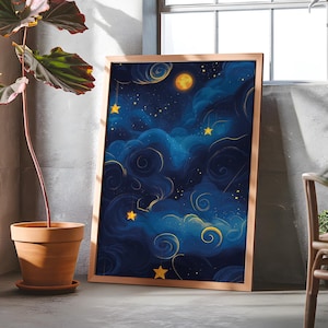 Dreamy Night Sky Digital Art Print | Hanging Stars & Moon | Celestial Whimsical Wall Décor