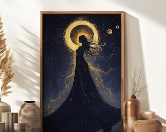 Golden Moon Goddess Digital Art Print | Celestial Woman & Lunar Glow | Ethereal Fantasy Wall Art