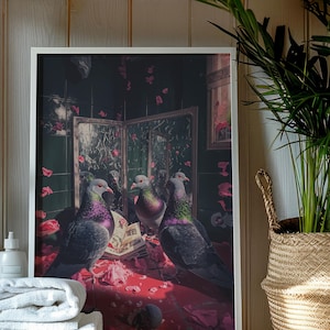 Pigeon Vanity Digital Art Print | Quirky Bird Bathroom Wall Decor | Moody Surreal Animal Poster