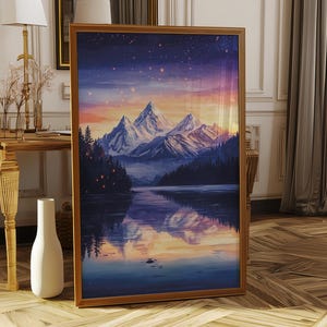 Impressão de arte digital majestosa de reflexão da montanha crepuscular | Paisagem alpina serena | Decoração de parede da natureza