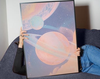 Pastel Planet Galaxy Digital Art Print | Dreamy Cosmic Wall Art Poster