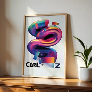 Puede incluir: Un póster enmarcado con un diseño abstracto colorido de una forma giratoria e iridiscente. El texto "CTRL + Z" está impreso en negro en la parte inferior del póster.
