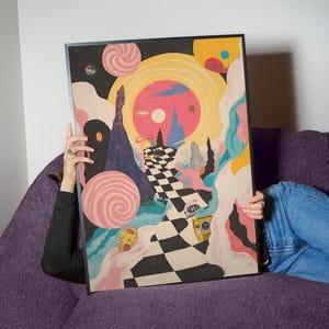 May include: A colorful abstract art print with a checkered path leading to a mountain peak. The print features a pink, yellow, and blue color scheme with swirling patterns and a retro feel.