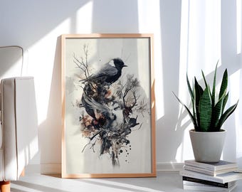 Mystical Birds Digital Art Print | Dark Nature & Wildlife | Gothic Minimalist Wall Decor