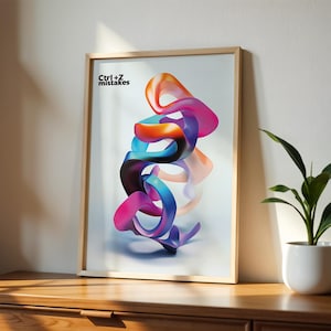 Puede incluir: Una impresión enmarcada con un diseño abstracto colorido de formas superpuestas y en espiral en tonos de rosa, azul, naranja y morado. El texto "Ctrl+Z mistakes" está impreso en negro en la parte superior de la impresión.