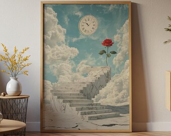 Staircase Digital Art Print | Red Rose Fantasy Wall Art | Dreamscape Time Poster