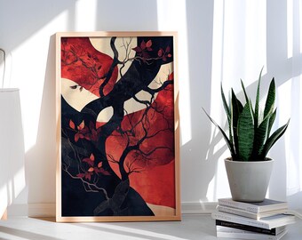 May include: Abstract art print featuring a stylized tree with black branches and red and white leaves against a dark blue background.