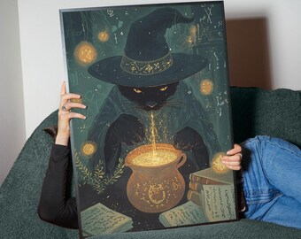 Impresión artística digital de gato brujo / Gato negro mágico y caldero / Póster de hechizo de fantasía encantada