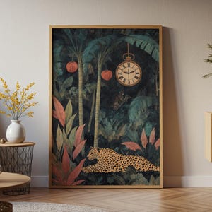 May include: A framed art print depicting a jungle scene with a leopard, palm trees, and a hanging pocket watch. The artwork features a color palette of greens, oranges, and browns. The leopard is lying down, and the clock shows the time.