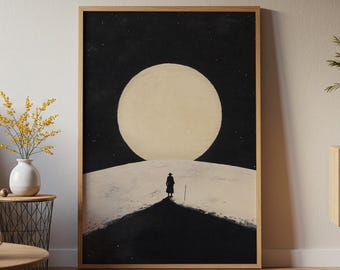 Lone Figure & Moon Digital Art Print | Minimalist Moonlight Poster | Surreal Night Landscape Wall Art