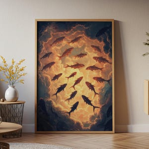 Fish and Clouds Digital Art Print | Ethereal Sky Swim | Surreal Aquatic Dreamscape Wall Art