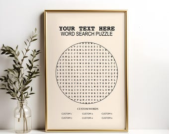May include: A framed word search puzzle with a gold frame. The text "YOUR TEXT HERE WORD SEARCH PUZZLE" is at the top. A circular word search grid is in the center, with space for custom words at the bottom.