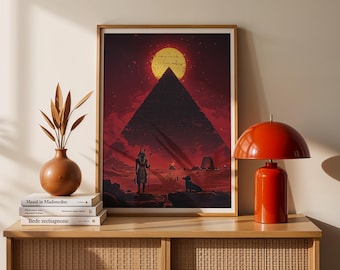 May include: A framed print of a digital illustration depicting a large pyramid in a red desert landscape with a yellow sun in the sky. A figure in a black and gold costume stands in front of the pyramid.