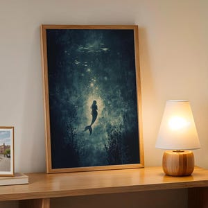 Ethereal Mermaid Digital Art Print | Deep Ocean Fantasy Wall Art | Mystical Underwater Scene