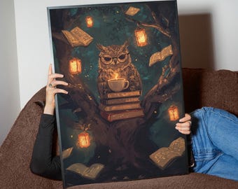 Impresión digital de Búho sabio y libros / Decoración de bosque encantado / Arte mural de noche literaria mágica