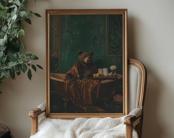 バスタブの中の面白いクマのアートプリント：ヴィンテージバスルーム動物装飾（デジタルダウンロード）