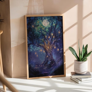 Enchanted Moonlit Tree Digital Art Print | Fantasy Lantern Tree | Mystical Nature Wall Décor