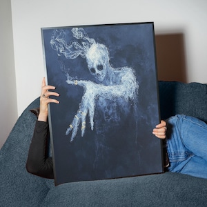 Ghostly Smoke Digital Art Print | Skeleton Spirit with Gold Rings | Moody Blue Horror Wall Art