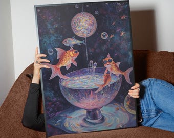 Disco Goldfish Print | Surreal Party Fish Wall Art | Quirky Cosmic Poster