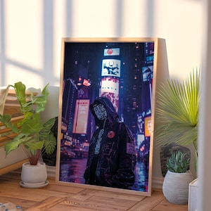 Cyberpunk Hooded Figure Art Print | Futurystyczne Neonowe Miasto | Dekoracja Ścienna Sci-Fi Dystopian