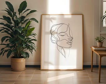 Minimalistische gezichtlijnkunstdruk: modern abstract portret (digitale download)