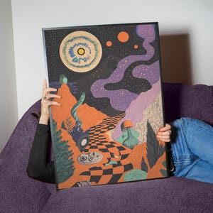 Trippy Cosmic Landscape Digital Art Print | Psychedelic Mushroom Planet Poster