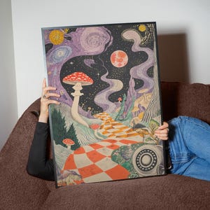 May include: A psychedelic poster featuring a mushroom, a chequered path, and a starry sky with a red moon. The poster has a vintage aesthetic and features a swirling, dreamlike design.
