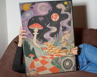 Psychedelic Forest Digital Art Print | Trippy Mushroom Galaxy Wall Poster