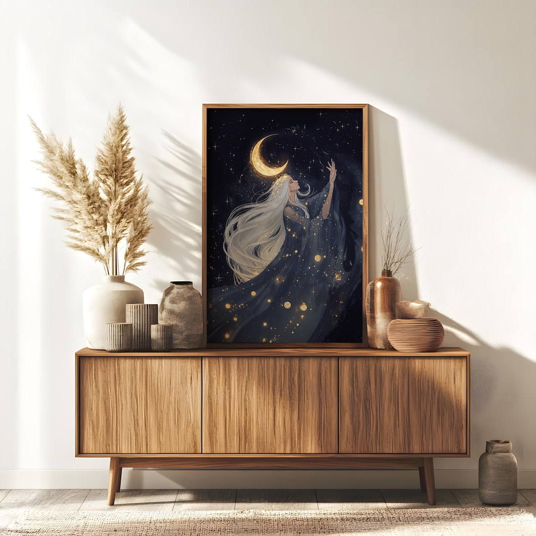 Celestial Goddess Digital Art Print | Mystic Moon & Starlit Woman ...