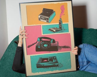Retro Tech Pop Art Print | Vintage Phone, Camera & Cassette | Bold 80s Nostalgia Wall Decor