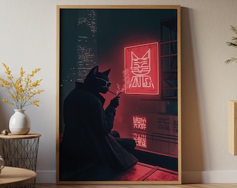 Cyberpunk Cat Art Print: Neon Noir Urban Poster (Digital Download)