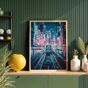 Cyberpunk Digital Art Print | Futuristic Neon City Train Poster | Sci-Fi Dystopian Wall Art | Night Aesthetic Urban Decor